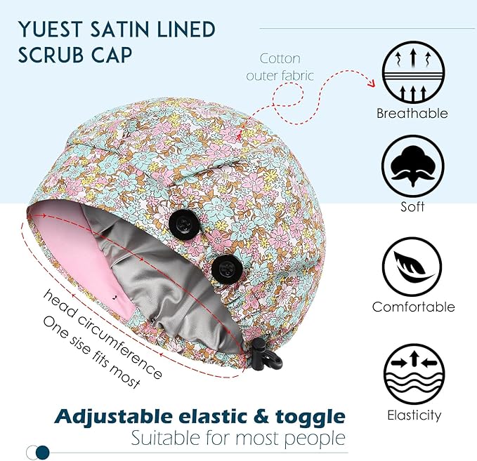 2 Pack Satin Lined Bouffant Scrub Caps with Buttons, Adjustable Scrub Caps for Women Men