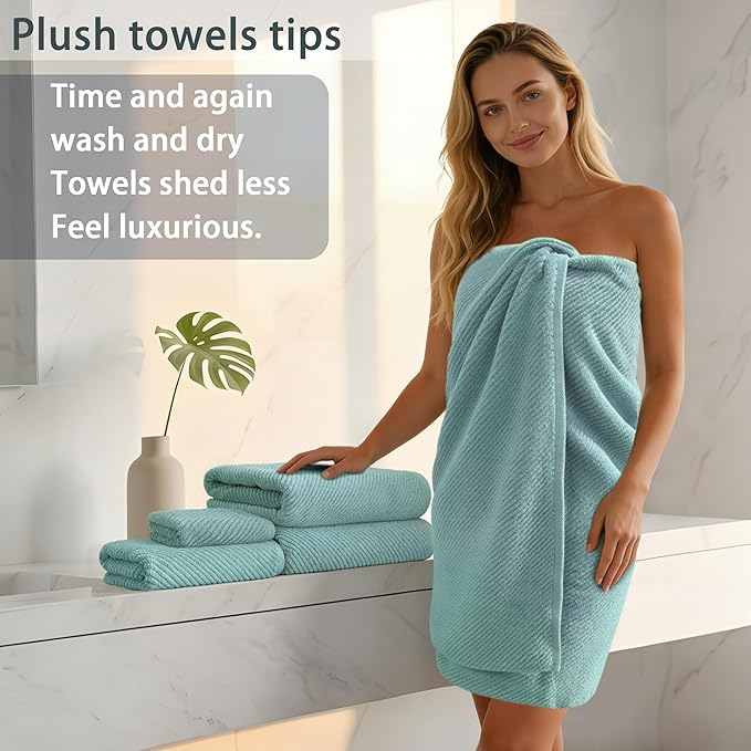 VOOVA & MOVAS Bathroom Towels Set, 100% Cotton | Quick Dry | Soft | Thick, 3 Piece Towel Set, 1 Large Bath 30" x 56", 1 Hand 18" x 28", 1 Wash Cloth 13" x 13", Bathroom Essentials, Aqua Teal