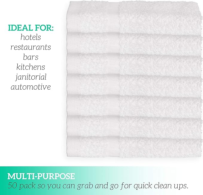 GREEN LIFESTYLE Washcloths 12" x 12" 50 Pack - 100% Cotton Wash Cloths, Bulk Washcloths, Face Towels Cotton, Soft Absorbent Bath Washcloths for Body, Face and Bathroom Use (White)