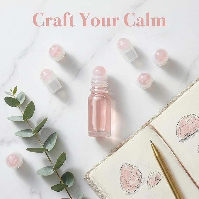 Didiseaon 9Pcs Essential Oil Roller Ball Tops for 10ml Oil Bottles, Replacement Rollers with Rose Quartz Roll-On Applicator Inserts for Aromatherapy DIY Blends Travel