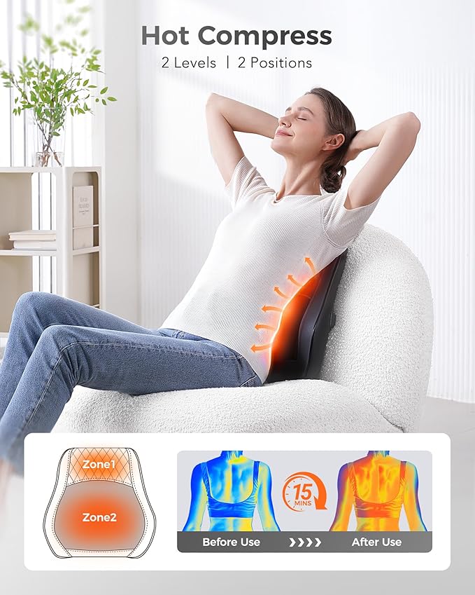 Boriwat Shiatsu Back Massager for Pain Relief Deep Tissue-Movable Electric Neck Back Massager with Heat- Rechargeable Cordless Massage Heated Lower Back Massage for Office/Home/Car-Gift for Men Women