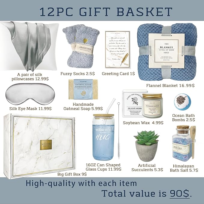 AHAGIFTREE Get Well Soon Gift Baskets For Women,12PC Get Well Gifts for Women After Surgery,Birthday Gifts,Care Package,Grief,Sympathy,Condolences Gift Basket for Friend (navy blue)
