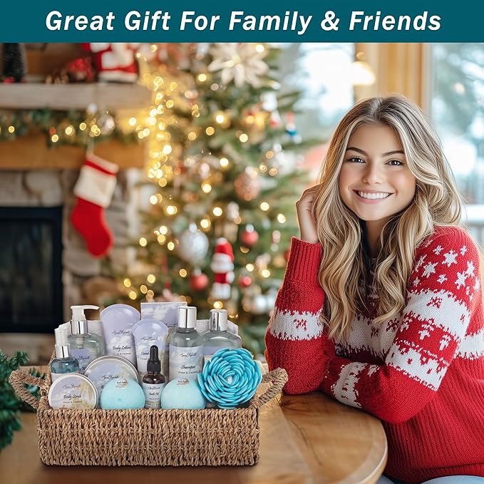 Aqua Elegante Bath Spa Gift Set - 15 Piece Premium Basket with Wash, Bubble Bath, Lotion, Salts, Body Scrub, Towel, Shower Puff, Bathbombs, Reusable Basket, Gifts for Women - Ocean & Coconut