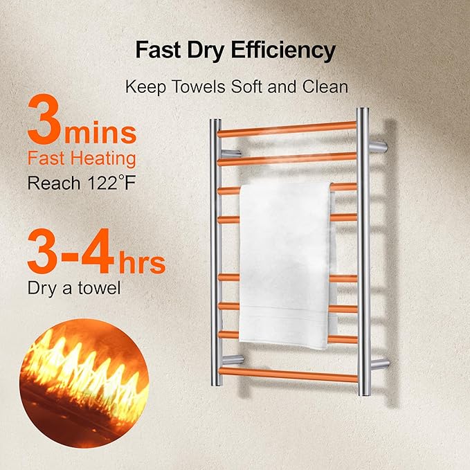 Towel Warmer Polished Chrome for Bathroom Wall Mounted Drying Rack Plug-in Electric Heated Towel Rack Stainless Steel Round 8 Bars Bath Towel Heater with Single Press