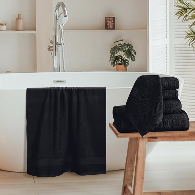Belizzi Home 8 Piece Towel Set 100% Ring Spun Cotton, 2 Bath Towels 27x54, 2 Hand Towels 16x28 and 4 Washcloths 13x13 - Ultra Soft Highly Absorbent Machine Washable Hotel Spa Quality - Black