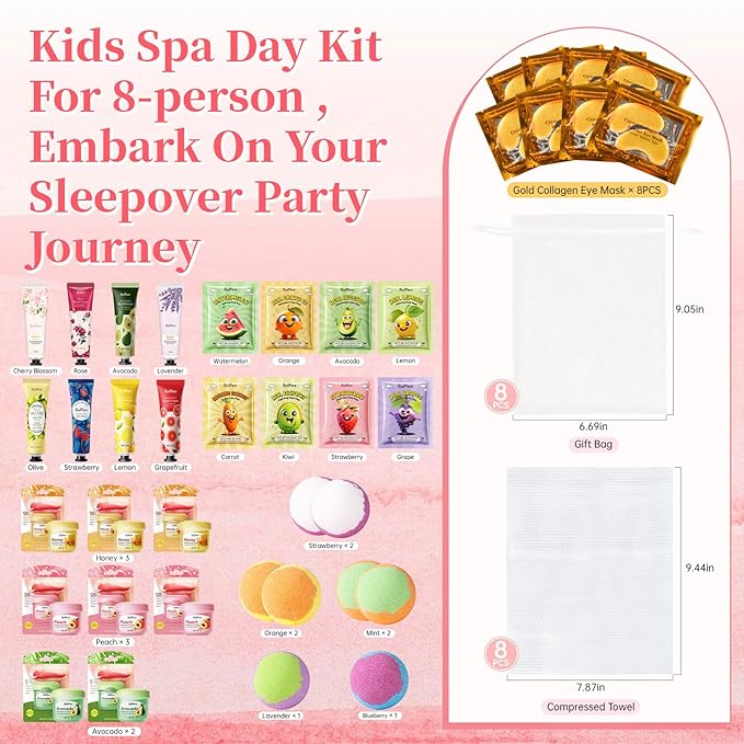 56PCS Spa Party Supplies For Girls, Spa Birthday Party Favors For 8 People, Spa Day Kit With Bath Bombs, Eye Mask, Lip Balm, Face Mask, Hand Cream, Compressed Towel, Gift Bag, Sleepover Spa Gift Set