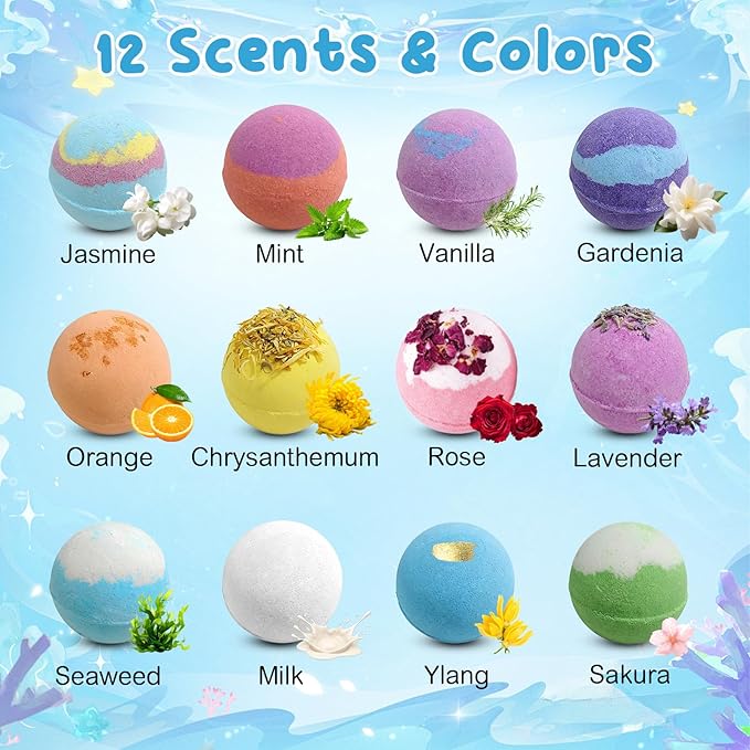 12 PCS Natural Bath Bombs with Toys Inside, Upgrade Fizzy Bubble Bath Gift Set with 12 Different Fragrances, Ocean Theme Bath Fizzies, Natural Sea Salt Color Changing Spa Easter Bath Balls
