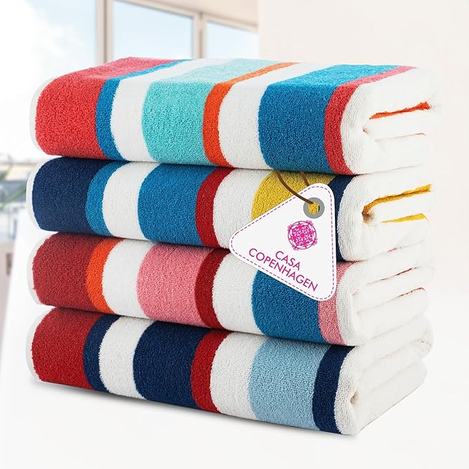 Casa Copenhagen Bora Bora Towels 4Pcs Yellow, Teal, Pink, Red Designer Stripe Beach Towels Gift Set, 30"x 60" Oversized 100% Cotton Pool Towels, Bath Towels for Beach (Summer Gift Set For Women & Men)