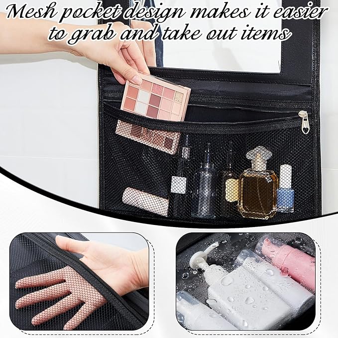 Travel Hanging Toiletry Bag with Mirror Leather Travel Hanging Mirror Foldable Dance Competition Makeup Bag Backstage Cosmetic Organizer for Traveling Dancers Spa(Classic,Black)