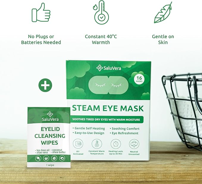 SaluVera Steam Eye Mask for Dry Eyes with 5 Eyelid Cleansing Wipes, Self Heating Eye Compress for Dry Eyes, Soothe and Relax with 40-50 min Spa Eye Mask, Self Warming Eye Masks for Well-Being 16 pcs