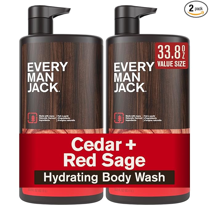 Every Man Jack Cedar + Red Sage Mens Body Wash for All Skin Types - Cleanse, Hydrate, and Smell Great - Free of Parabens, Phtalates, and Dyes - 33.8 fl oz (2 Pack)