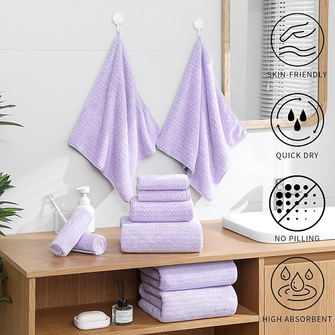 Ultra Soft Bath Towel Set,12 Piece (4 Bath Towels,4 Hand Towels,4 Washcloths) Family Bathroom Towels Set with Hanging Loop,Quick Dry Extra Absorbent Shower Towel for Bathroom,Hotel,Spa-Light Purple
