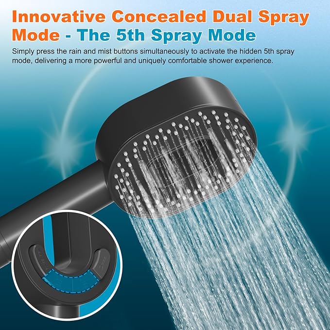 Hibbent Filtered Showerhead with handheld, High Pressure 5 Sprays Shower Head, Anti-clog Nozzles, Brass Holder & 71" Metal Hose, 3 Water Softener Filter Remove Chlorine, Reduce Dry Itchy Skin, Black
