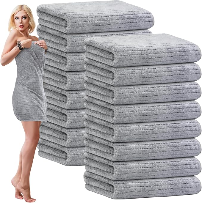 SmoothNovelty 16 Pack Microfiber Bath Towels Bulk 27'' x 60'' Oversized Size Bath Towel Highly Absorbent Extra Large Soft Drying for Beach Shower Summer Salon Sport Gym Party (Stripe,Grey)