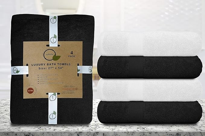 Softolle Luxury Bath Towels Set of 4 (27” x 54”) | Towels for Bathroom | Super Soft | Highly Absorbent Towels for Home, Spa, Gym (Black-White)