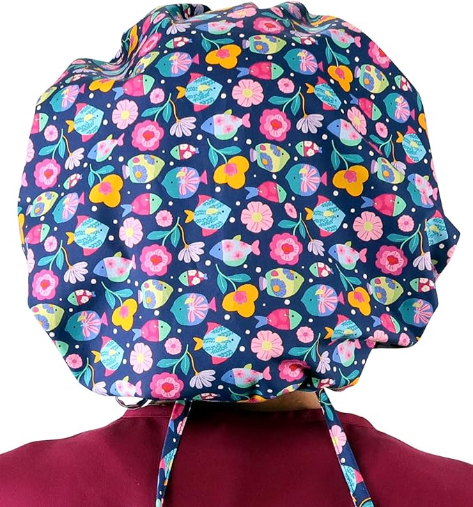 Sparkling EARTH Banded Bouffant Surgical Scrub Ponytail Working Caps and Built-in Sweatband - 100% Cotton - Made in The USA