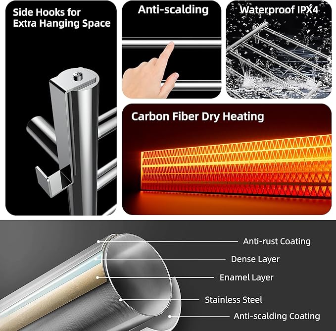 P&Dlusir Towel Warmer, Heated Towel Rack with Smart Timer and Thermo Control, Wall-Mounted Heated Towel Rail, Stainless Steel, Hard-Wired/Plug-in, Polished, 5 bar