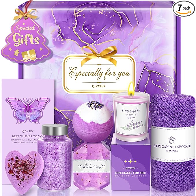 Qivatex Mothers Day Gifts for Mom Women, Teacher Appreciation Gifts, Bath Gift Set, Birthday Gifts for Wife Women Her Sister Mom Auntie Grandma Friends, Relaxing Spa Self Care Lavender Bath Bombs Set﻿