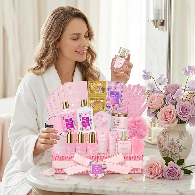 32 Pcs Mother's Day Gift, Rose Bath and Body Gift Basket for Women, Hydrating Facial Skin Care Set, Self Care Pampering Kit, Women Home Spa Basket Set, Birthday, Anniversary, Wife