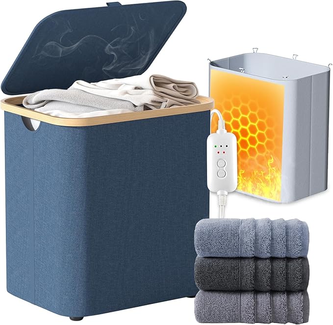 Towel Warmer & Laundry Basket 2-IN-1, Foldable Towel Warmer for Bathroom with Removable Heating Bag, 20/40/60Mins Fast Heating, Auto Shut-Off, Portbale Towel Warmer Fits 3 Large Towels Blankets - Blue
