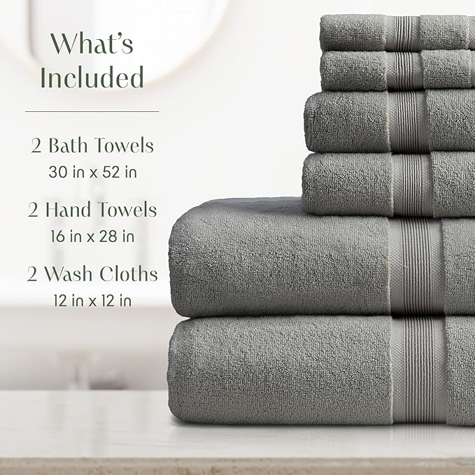 Springtree Home Luxury Bamboo Rayon Bath Towel Set 6 Piece Set | 35% Bamboo Rayon - 65% Cotton | Absorbent Quick-Dry Towels for Bathroom | Oeko-TEX Standard 100 Cotton | Carbon