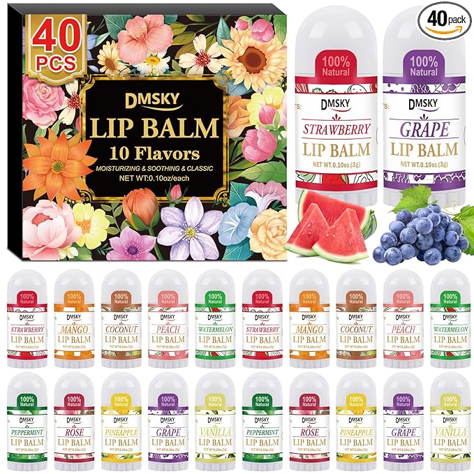 DMSKY 40 Pack Mini Lip Balm, Moisturizing Lip Balm Bulk with Vitamin E and Coconut Oil, Bulk Tiny Lip Balm for Party Favors, Care Packages & Goodie Bags