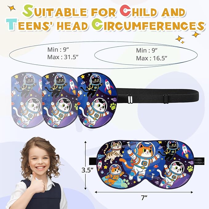 Silk Kids Sleep Mask: 100% Mulberry Silk Eye Mask, Sleeping Masks with Adjustable Strap, Soft & Light-Blocking Printed Kid Eye Cover for Boys Girls Teens Aged 5-15 (Space Cat Theme)