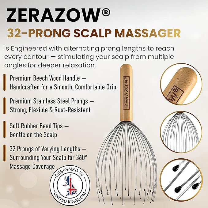 ZERAZOW® Scalp Massager with 32-Prong, Head Massager Scalp Massage Tool for Relaxation, Beech Wood Head Scratcher, Scalp Scratcher for Head Massage, Scalp Stimulator, Mother’s Day Gifts for Women/Men