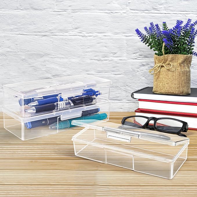 ZOOFOX 12 Pack Plastic Nail Storage Box, Stackable Pencil Case with Hinged Lid and Snap Closure, Clear Rectangle Box for Organizing Manicure Pedicure Kit, Crayon, Beads, Jewelry, Office Supplies