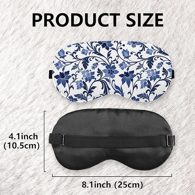 Blue and White Porcelain Silk Eye Mask for Sleeping, Adjustable Strap Night Sleep Mask for Women Girls, Airplane Travel Nap, Blue Flowers Sleeping Mask Eye Cover