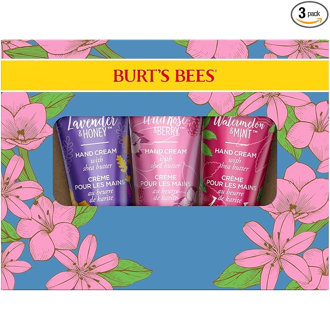 Burt's Bees Spring Gift, 3 Moisturizing Self Care Gifts, Shea Butter Hand Cream Trio Spring Set - Lavender & Honey, Wild Rose & Berry and Watermelon & Mint (Packaging May Vary)