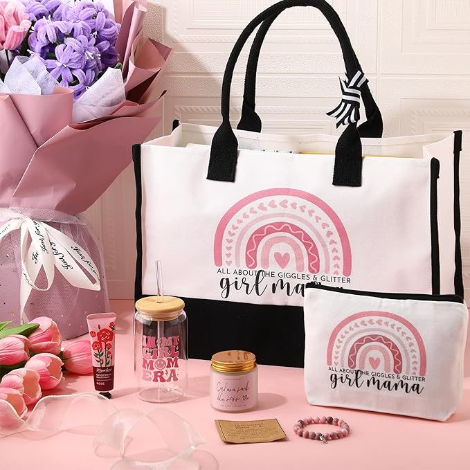 7 Sets Girl Mom Gifts for New Mom Gifts Tote Bag Makeup Bag Candle Bracelet Cup Handcream for Mother Day Women After Birth Pregnancy Gift First Time Expecting New Mommy Essentials