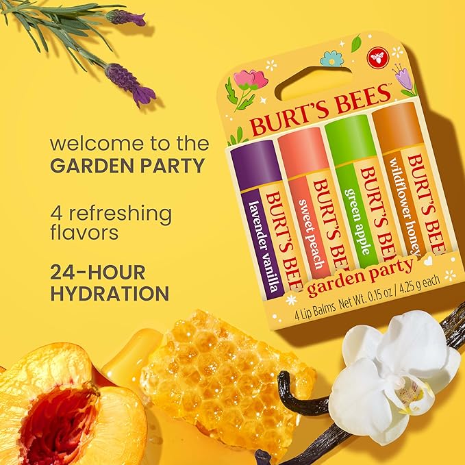 Burt's Bees 4 Pack Lavender Vanilla, Sweet Peach, Green Apple, Wildflower Honey; 24 Hour Moisture Moisturizing Lip Balm, 100% Natural Origin, Mother's Day Gift, 4 Tubes, 0.15 oz