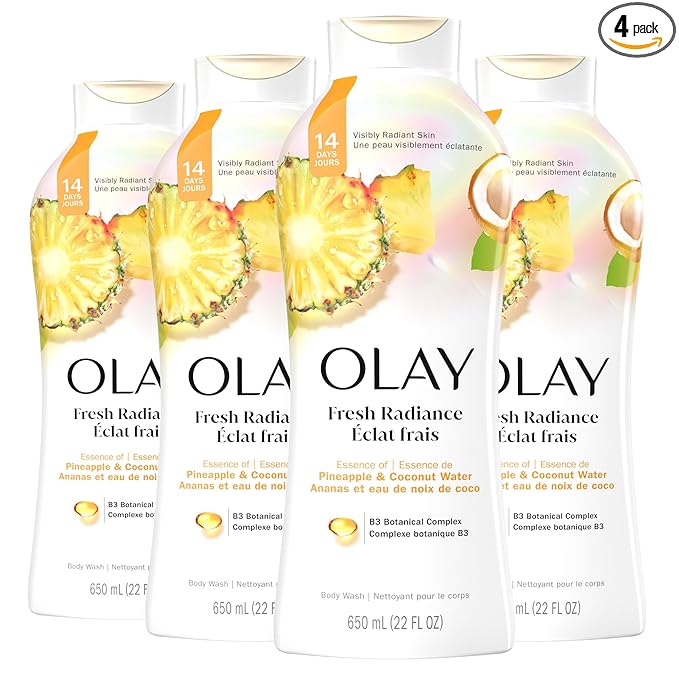 Olay Body Wash for Women, Fresh Radiance, Refreshing & Renewing, Made with Plant Based Cleansers, B3 Botanical Complex, For All Skin Types, Pineapple & Coconut Water Scent, 22 fl oz (Pack of 4)