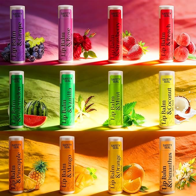 RBUGR 84 Pack Lip Balms - 12 Flavors Natural Organic Vitamin E Moisturising Balm for Dry Cracked Lips, Bulk Gifts for Valentines, Stocking Stuffers & Party Favors (4.2g/0.15oz)
