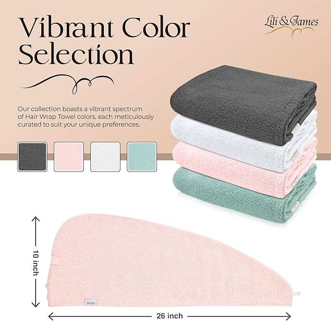 Lili&James 100% Cotton Hair Towel Wrap for Women/Kids | Quick Dry, Soft & Absorbent 420-GSM Hair Wrap Towels with Double Button | Anti Frizz, Non Microfiber Hair Turbans for Curly, Long Hair (Pink)
