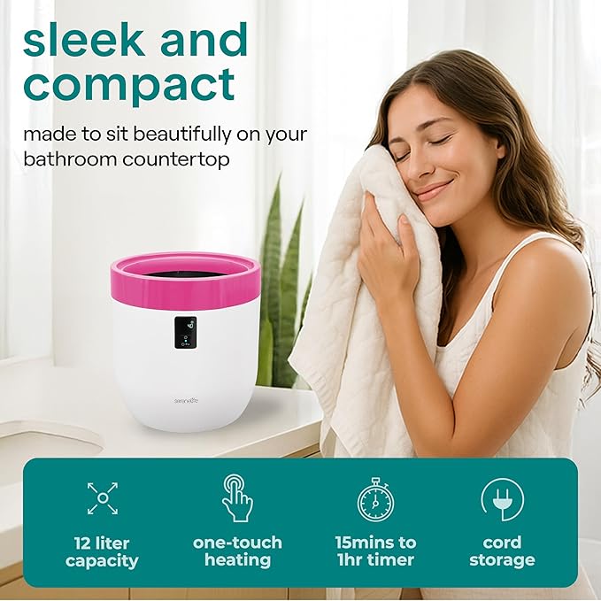 SereneLife Counter Towel Warmer Bucket - with Customized Fragrance for Spa and Bathroom, Luxury Heater, Auto Shut Off, Fits 1 Large Blanket, Bathrobe, PJs (Pink)