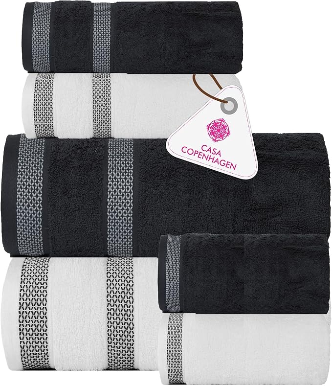 CASA COPENHAGEN Solitaire 6Pcs 100% Egyptian Cotton Large Designer Towels Gift Set- Pine Grey - White, 600GSM, 2Bath 2Hand 2Washcloths, Bath Towels for Bathroom Set for Women & Men