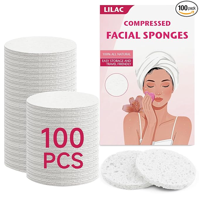 100 Count Compressed Facial Sponges 100% Natural Cellulose Eco-Friendly Makeup Sponges for Gentle Cleansing, Exfoliating & Stubborn Makeup Removal Travel for Women (Round white)