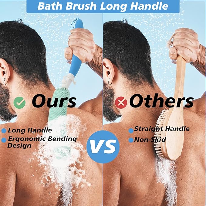 Back Scrubber for Shower，Mesh Sponge Body Shower Brush with Long Handle for Use in Shower Back Scrubber,Back Scrub for Exfoliating Body Scrubber or Shower Brush (Green and Green)