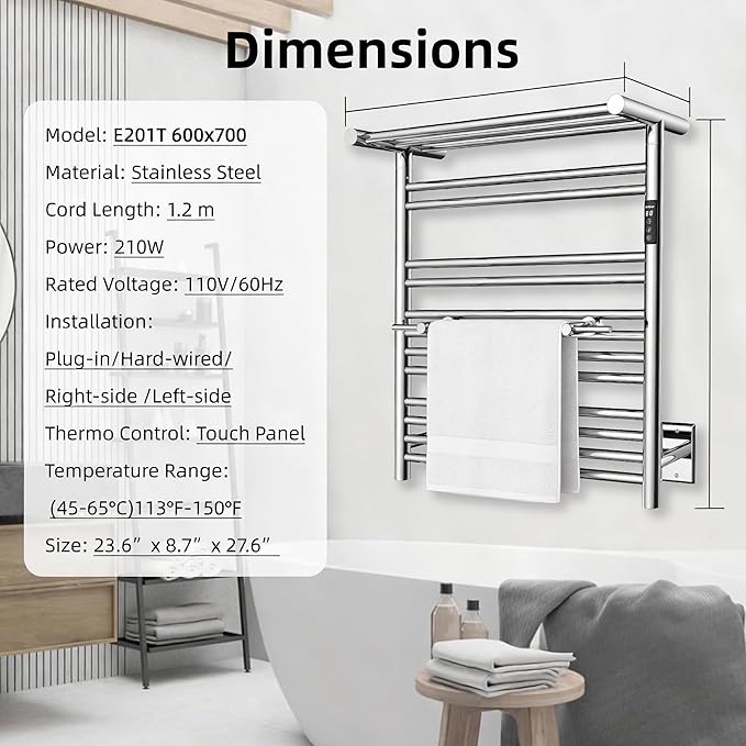 P&Dlusir Heated Towel Warmer with Top Shelf, Heated Towel Rack for Bathroom, H 27.56" x W 23.62", Wall Mounted Towel Warmer Rack, Hard-Wired/Plug-in, Polished
