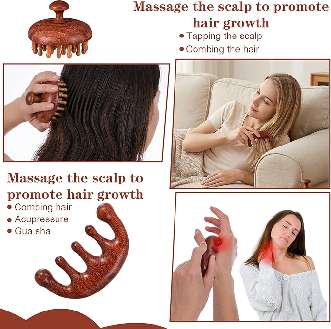 ElevateTech Wooden Scalp Massage Comb, Sandalwood Head Massager for Hair Growth & Relaxation Wooden Hair Brush Hairs Scrubber Portable Handheld Gua Sha Body Massage Tool for Men Women Spa