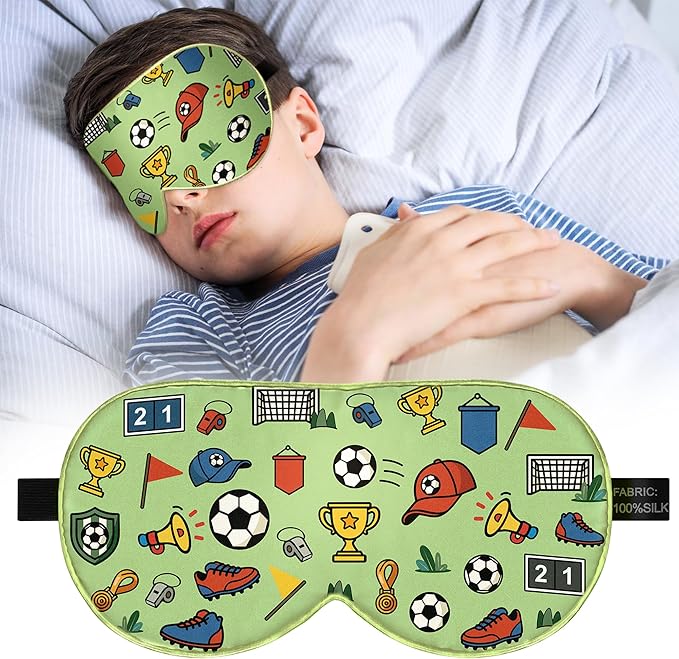 Kids Silk Sleep Mask: 100% Mulberry Silk Eye Mask with Adjustable Strap, Cute Sleeping Blindfold for Boys Girls Teens, Soft & Lightweight Eye Shade for Travel, Nap, Bedtime (Soccer Cute Print)