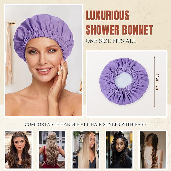 Reusable Shower Cap for Women, Large Waterproof Shower Bonnet with Elastic Band, Washable Bath Hair Cap for Long, Curly Hair, Braids, Daily Shower, Home Spa, Travel(Purple)
