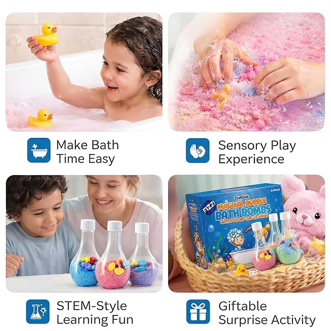 Bubble Bath Bombs for Boys with Mini Toy Ducks Inside – Bubble Bath for Kids - Kids Bath Bombs Toys Powder– Bathtime Experiment Kit Mix - Blast of Foam & Colours – Gift Set of 4 - Bath Toys
