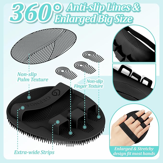 Silicone Back & Face Scrubber & Bath Glove Set 3PCS, 13.4'' Gentle Back Scrubber with Dual-Side Head, 360° Anti-Slip Bath Glove, Unique Side-bristled Face Scrubber for All-round Cleaning(Black)
