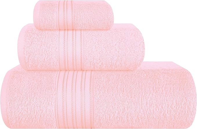 BOUTIQUO Ultra Soft 3 Pack Cotton Towel Set, Contains a Bath Towels 28x55 inch, a Hand Towels 16x24 inch & a Wash Coths 12x12 inch, Ideal Everyday use, Compact & Lightweight - Pink