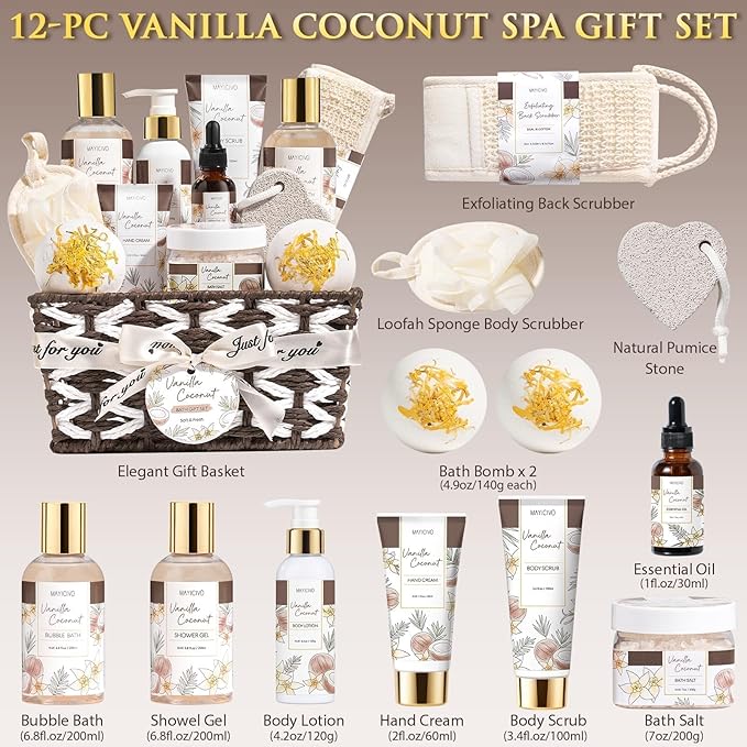 Mothers Day Birthday Gifts for Women, Vanilla Coconut Relaxing Spa Gift Baskets for Women Self Care Package Bath Gift Set, Home Bath and Body Kit Pampering Gifts for Womens Her Mom Friends Sister Wife