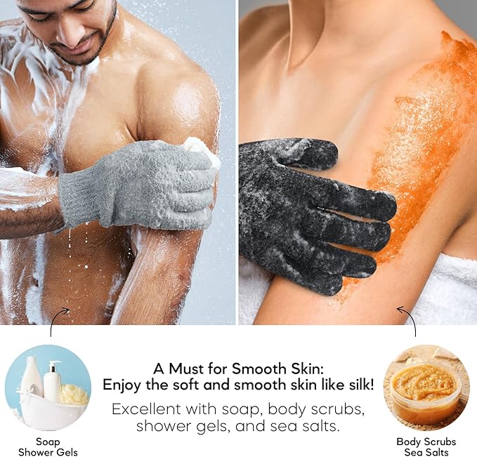 Exfoliating Gloves for Big Hands 8Pack- Lengthened and Large Double-Sided Shower Gloves(4Pairs/8Pcs) for Shower, Spa, Massage - Large Bath Gloves (4Pcs Black and 4Pcs Gray)