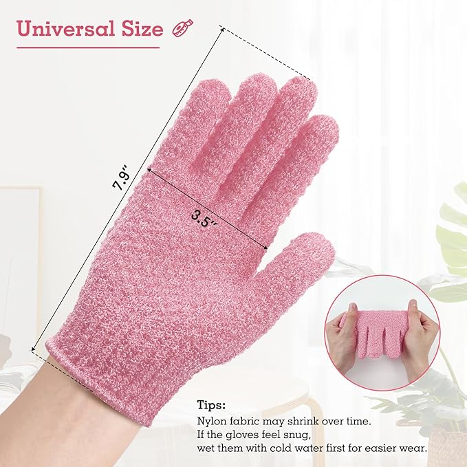 Evridwear Exfoliating Glove Shower Gloves Exfoliate Dead Skin for Dry Sensitive Skin No Irritation with Hanging Loop (Pink Moderate Exfoliation)